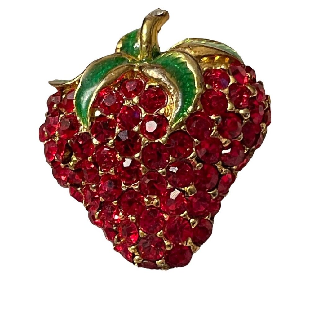 VTG Strawberry Ruby Red Crystal Green Enamel Gold Tone Brooch Pin READ Fruit